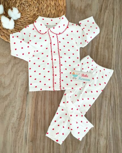 Kız Bebek Kalp Desenli %100 Pamuklu Pijama Takımı