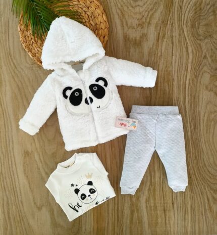 Erkek Bebek Sevimli Panda%100 Pamuklu Peluş Kapşonlu Takım