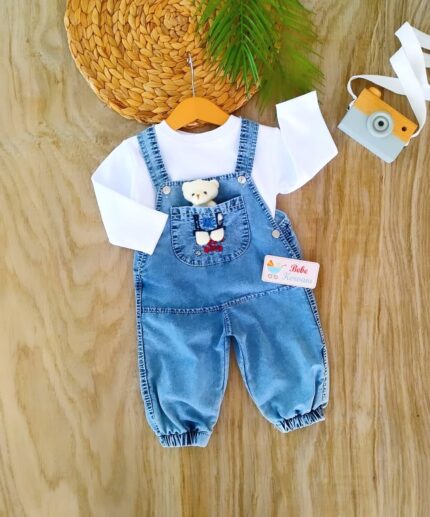 Sevimli Ayıcık Oyuncaklı Slopetli Kot Tulum Seti