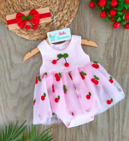 Kız Bebek Pembe %100 pamuklu Kirazlı Tütü Elbise Takım