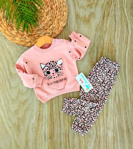 Kız Bebek Leopar Desenli %100 Pamuklu Mevsimlik 2`li Takım