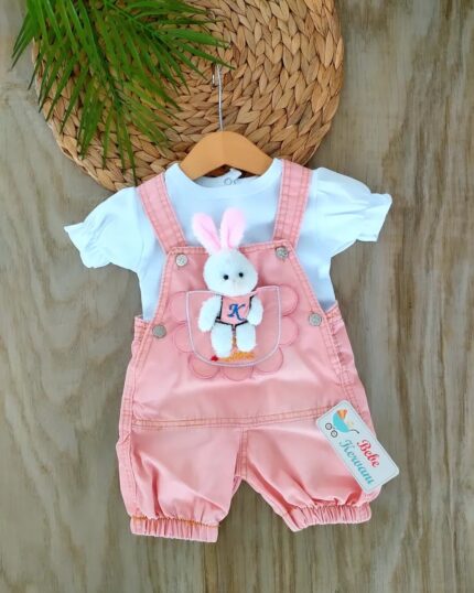 Kız Bebek %100 Pamuklu Ayıcık Oyuncaklı Slopetli Kot Tulum Seti
