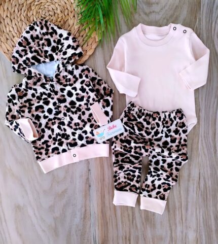 Kapşonlu Leopar 3'lü Kız Bebek Takımı