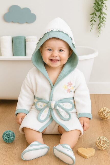 Fırfır Süslemeli %100 Pamuklu Bornoz Takımı