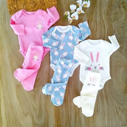 Tavşan Kulaklı 6'lı Çıtçıtlı Badi Pijama Takımı