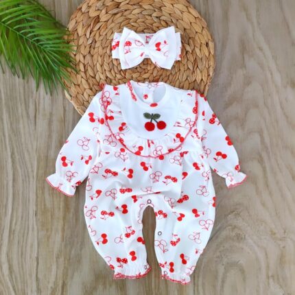 Kirazlı %100 Pamuklu Kız Bebek Tulum Seti