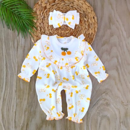 Kirazlı %100 Pamuklu Kız Bebek Tulum Seti