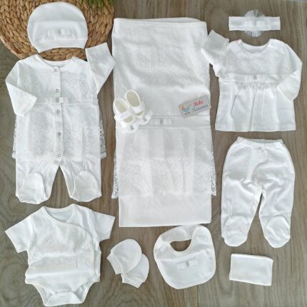 İthal Dantelli Taş Süslemeli Lüx 10 Parça Hastane Çıkışı Zıbın Takımı