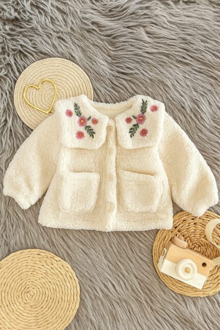 Çiçek İşlemeli Peluş Ceket