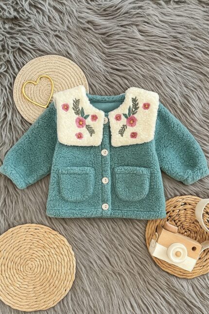 Çiçek İşlemeli Peluş Ceket