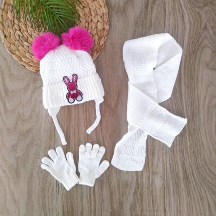 Çift Ponponlu Triko Polar Atkı Bere Eldiven Seti