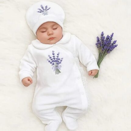 Lavanta %100 Pamuklu Kadife Kumaş Dantelli Tulum Seti