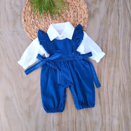 Yandan Kurdele Bağlamalı %100 Pamuk 2'li Kot Tulum Seti