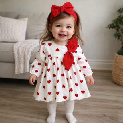 %100 Pamuklu Kalp Temalı Bayramlık 3'lü Elbise