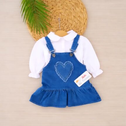 Kalp Temalı %100 Pamuklu Kot Slopetli Elbise