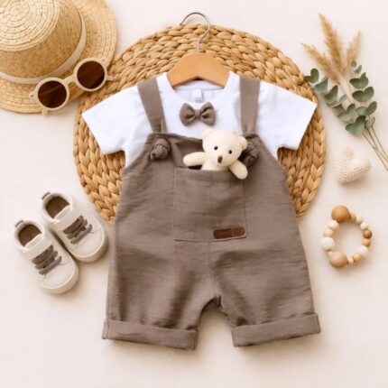 %100 Pamuk Müslin Kumaş Ayıcık Slopetli Tulum Seti