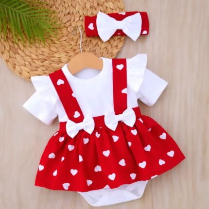 %100 Pamuklu Çift Fiyonklu Kalpli 3'lü Elbise Takım